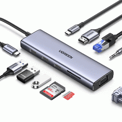  UGREEN USB-C 3*USB 3.0 A+HDMI  4K@30Hz;2K@60HZ;1080P@120Hz + VGA +  RJ45 + SD/TF + 3.5mm Audio + PD Adapter