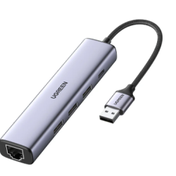  CM475\60554\UGREEN USB3.0 to 3×USB3.0 +RJ45 (1000M)  Ethernet Adapter Type-C Power Supply