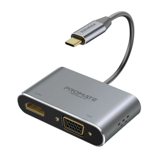 Promate MediaHub-C2 USB-C Display Adapter, Premium 2-In-1 USB-C to 1080 60Hz VGA and 4K 30Hz HDMI Adapter with Dual Screen Display Support