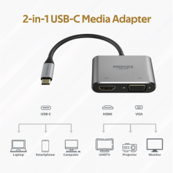 Promate MediaHub-C2 USB-C Display Adapter, Premium 2-In-1 USB-C to 1080 60Hz VGA and 4K 30Hz HDMI Adapter with Dual Screen Display Support