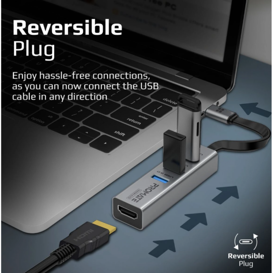 Promate MediaHub-C3 USB Type-C to HDMI Multiport Adapter, Premium HD USB-C to 4K 30Hz HDMI Converter with 3 USB Sync Charge Ports