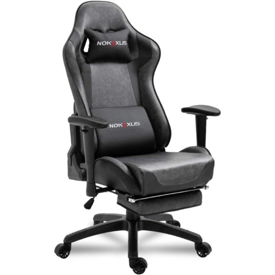 NOKAXUS Gaming Chair w/ Strong Metal Frame, High Density Foam, Leather, Reclining 90-180 Degrees, Footrest, 2D Armrest, Head Pillow & Waist (USB Massage Function) Cushion, Weight Load (100-160 Kg) -